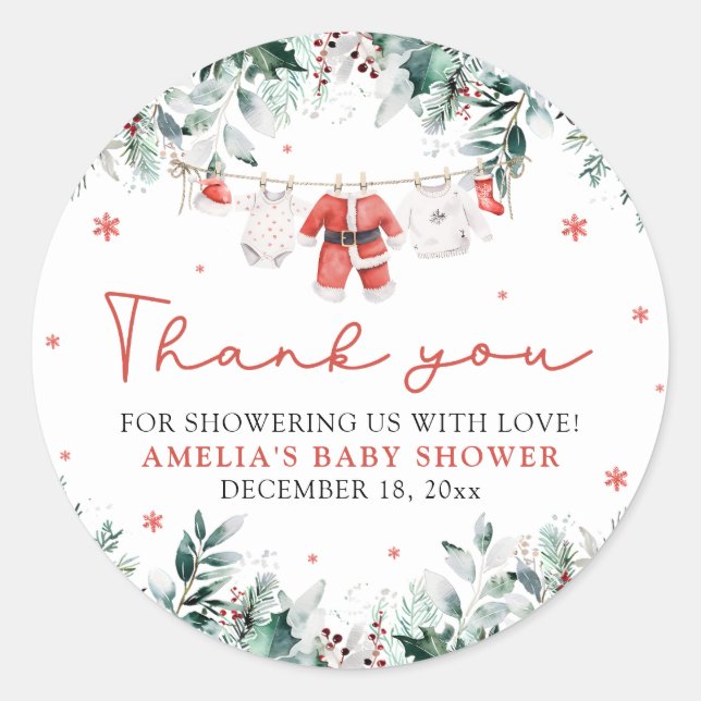 Pegatina Redonda Red Santa Baby Navidades Clothesline Baby Shower (Anverso)