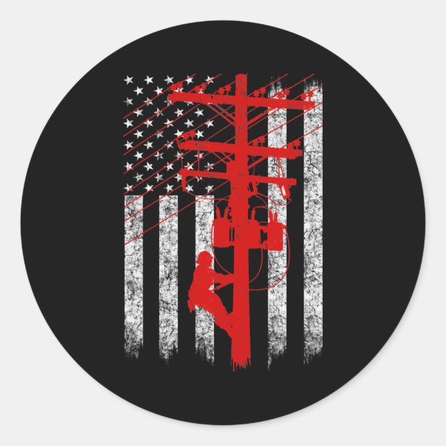 Pegatina Redonda Red Silhouette American Flag Lineman Electrician  (Anverso)