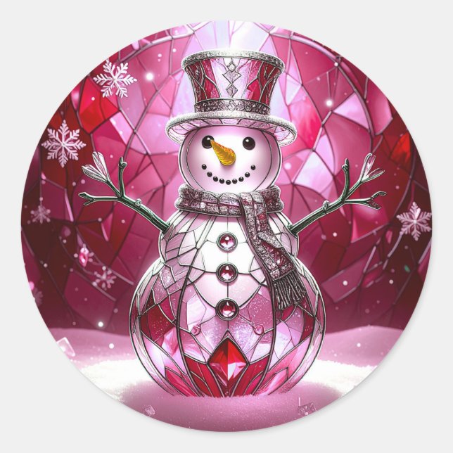 Pegatina Redonda Red Snowman Snowflakes Holiday Sticker (Anverso)