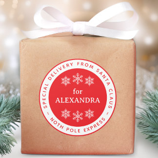 Pegatina Redonda Red Special Delivery from Santa North Pole Name