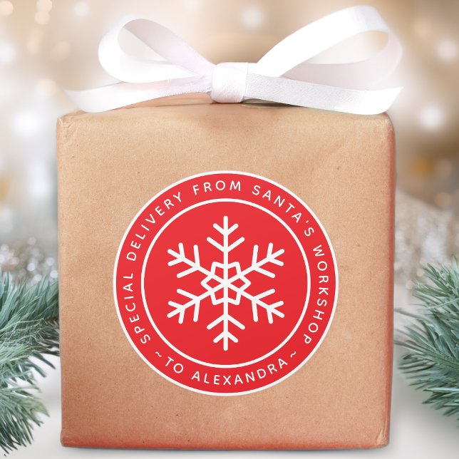 Pegatina Redonda Red Special Delivery from Santa to Name Snowflake (Subido por el creador)