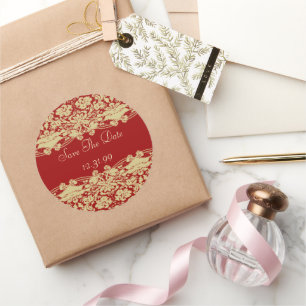 Pegatina Redonda Red & Tan Ecru Guardar la fecha