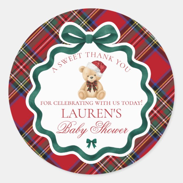 Pegatina Redonda Red Tartan Plaid Christmas Bear Baby Shower Favor (Anverso)
