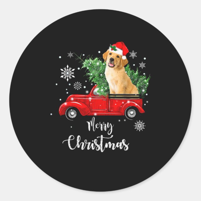 Pegatina Redonda Red Truck Merry Christmas Tree Golden Retriever Ch (Anverso)