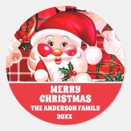 Pegatina Redonda Red Vintage Santa Claus Tartan Plaid Navidades