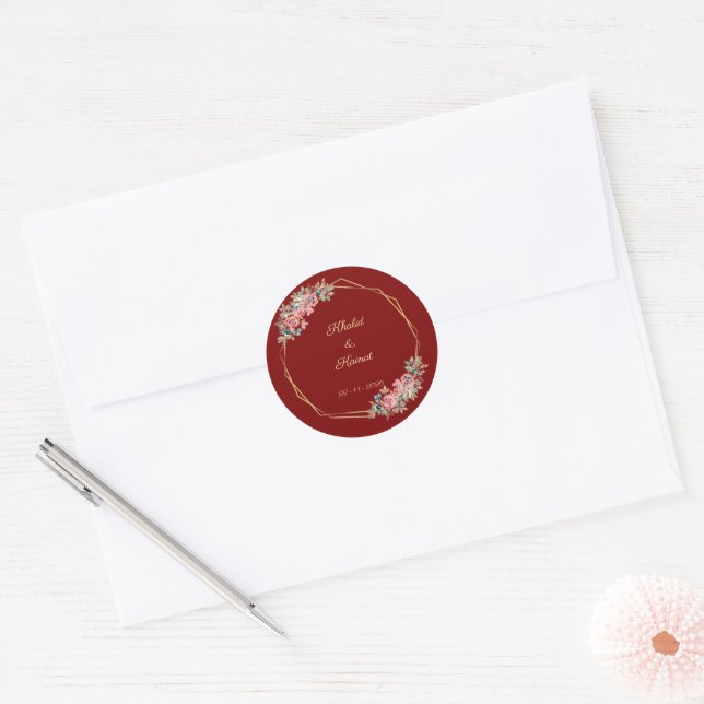 Pegatina Redonda Red wedding envelop seal favour stickers editable (Sobre)