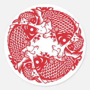 Pegatina Redonda Red Whirling Koi Carp Fish Group Classic Round Sti