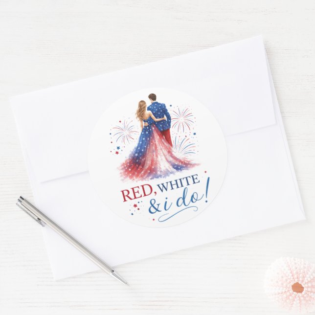 Pegatina Redonda Red White and I do Americana Wedding (Sobre)