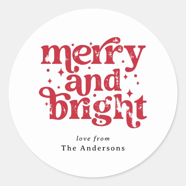 Pegatina Redonda Red & White Christmas Merry & Bright Personalized (Anverso)