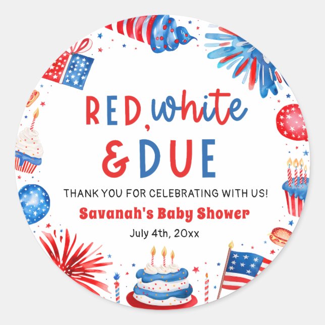 Pegatina Redonda Red, White & Due Gender Neutral Baby Shower (Anverso)