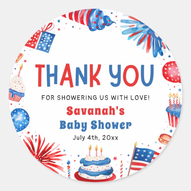 Pegatina Redonda Red, White & Due Gender Neutral Baby Shower (Anverso)