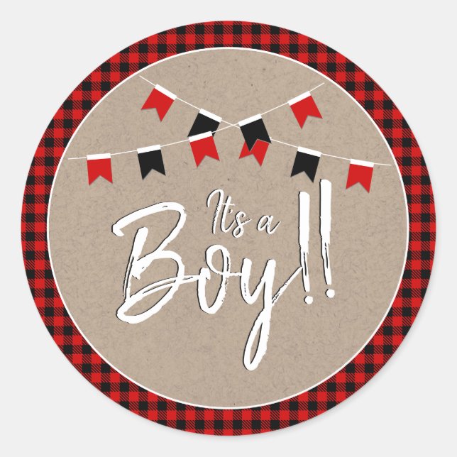 Pegatina Redonda Red y Black Buffalo Check It's A Boy Baby Shower (Anverso)