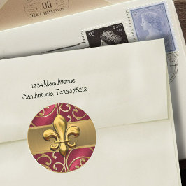 Pegatina Redonda Red y Gold Filigree Swirls Fleur de Lis