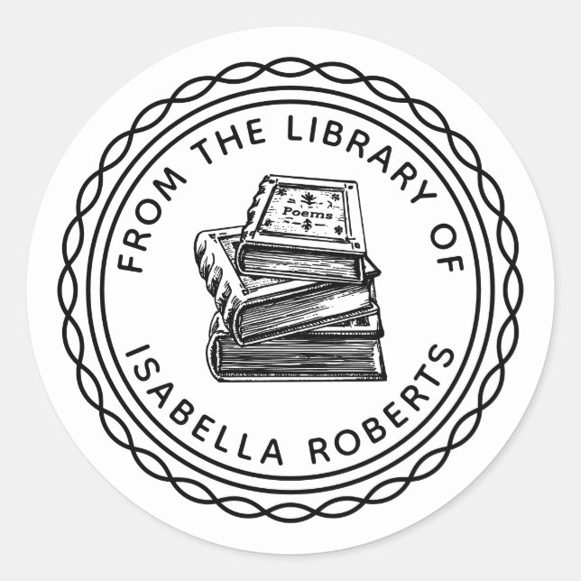 Pegatina Redonda Redonda de libros pintada a mano de la Biblioteca  (Anverso)