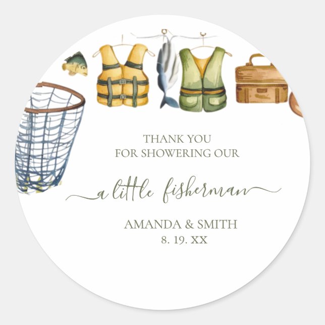Pegatina Redonda Reel Excited Little Fisherman Baby Shower (Anverso)