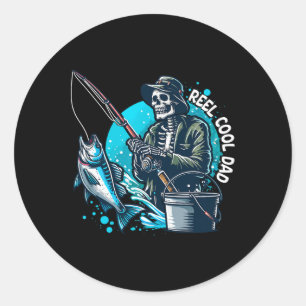 Pegatina Redonda Reel Guay Dad Funny Skeleton pescando papá