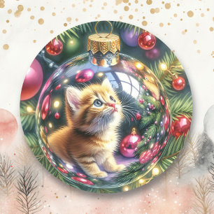 Pegatina Redonda Reflexión sobre el gatito en un adorno navideño