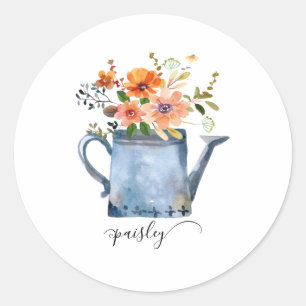 Pegatina Redonda Regadera de flores acuarela naranja boho rústico