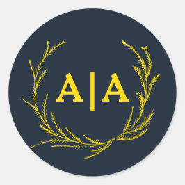 Pegatina Redonda Regal Contrast Midnight Blue & Gold Monogram 