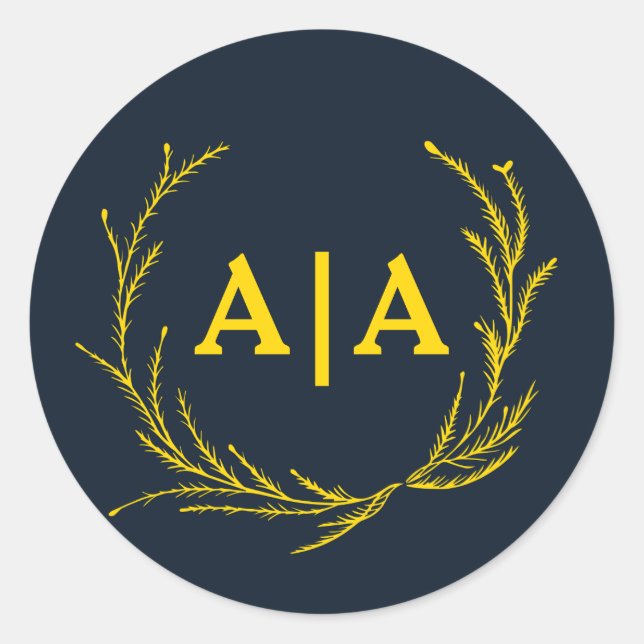 Pegatina Redonda Regal Contrast Midnight Blue & Gold Monogram  (Anverso)