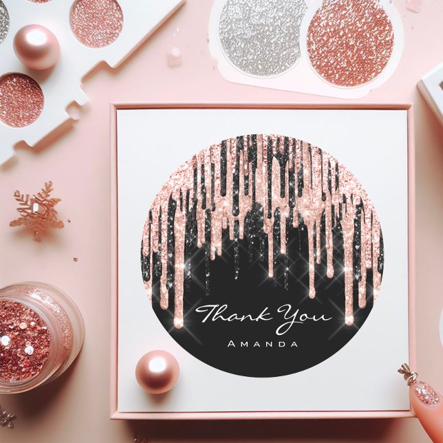 Pegatina Redonda Regalo de Agradecimiento Nombre 16 Cumpleaños de D (Thank You Name 16th Bridal Shower Rose Glitter Classic Round Sticker)