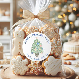 Pegatina Redonda Regalo de árbol de navidad costero acuarela