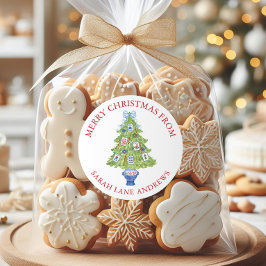 Pegatina Redonda Regalo de árbol de navidad de acuarela Mahjong