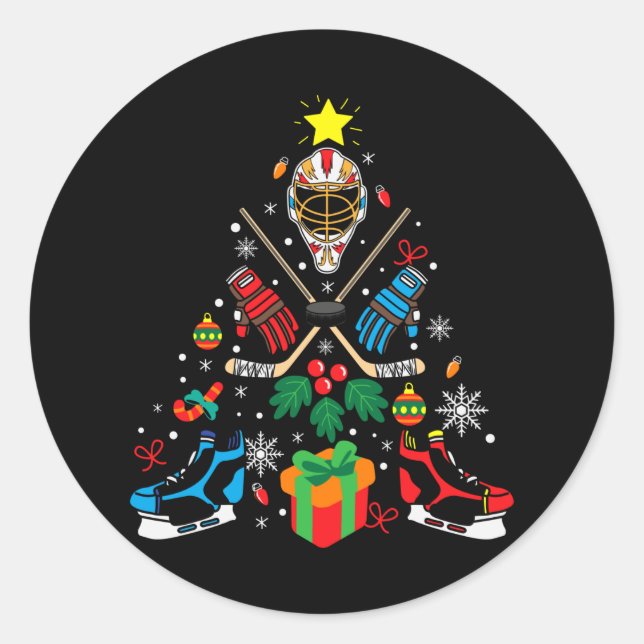 Pegatina Redonda Regalo de árbol de Navidad de hockey, aficionados  (Anverso)