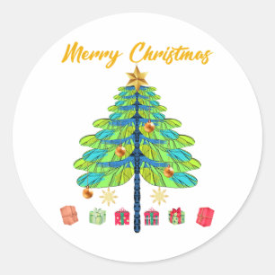 Pegatina Redonda Regalo de árbol de navidad de la libélula