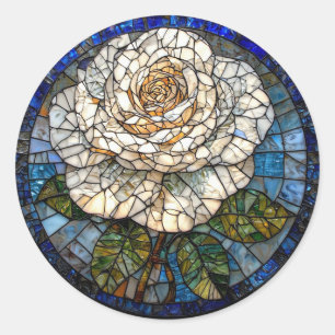 Pegatina Redonda 🌹 Regalo de Arte en Vidrio Pintado de Rosa Blanca