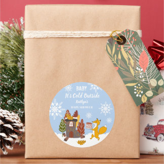 Pegatina Redonda Regalo de Baby Shower de Fox Winter Snowflakes