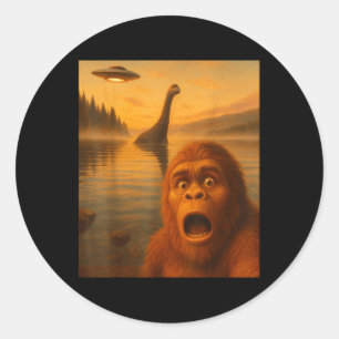 Pegatina Redonda Regalo de Bigfoot Selfie con alienígena ovni del l