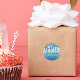 Pegatina Redonda Regalo de boda destello azul acuático goteo