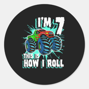 Pegatina Redonda Regalo de cumpleaños de 7 años para Monster Truck 