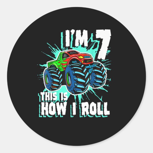 Pegatina Redonda Regalo de cumpleaños de 7 años para Monster Truck  (Anverso)
