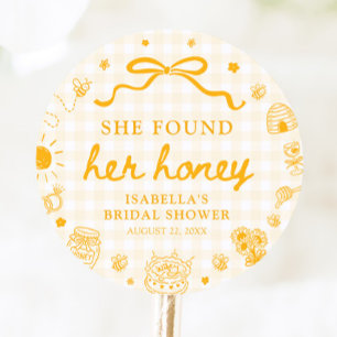 Pegatina Redonda Regalo de ducha de novia de gingham amarillo que e