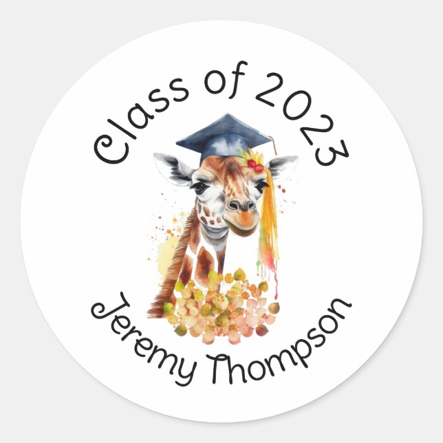 Pegatina Redonda Regalo de Graduación de Girafa Cuta (Anverso)