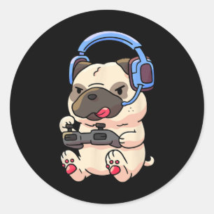 Pegatina Redonda Regalo de juego de pug de jugador Pugs de videojue