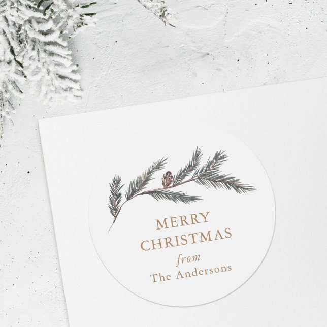 Pegatina Redonda Regalo de Navidad de rama de pino acuarela (Subido por el creador)