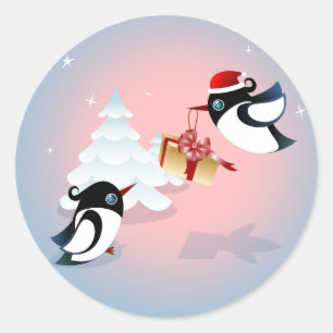 Pegatina Redonda Regalo de Navidad lindo de los pájaros