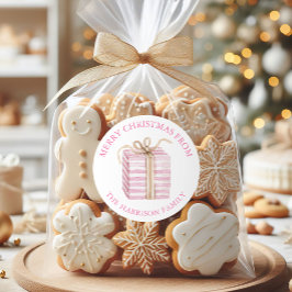 Pegatina Redonda Regalo de Navidad rosa en acuarela