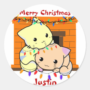 Pegatina Redonda Regalo de navidades de gatos, nombre personalizado
