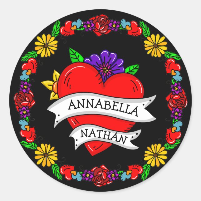 Pegatina Redonda Regalo de pareja romántica | Arte Tattoo Style (Anverso)