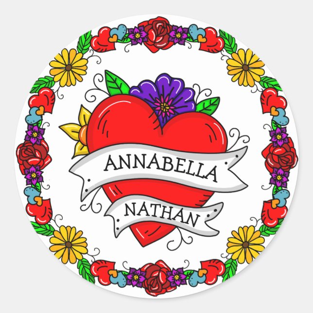 Pegatina Redonda Regalo de pareja romántica | Arte Tattoo Style (Anverso)