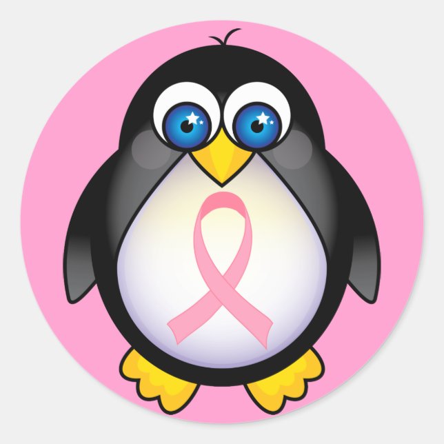 Pegatina Redonda Regalo de pingüino rosado con cáncer de mama (Anverso)