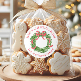 Pegatina Redonda Regalo de Wreath de Boxwood Navidades de Bow Rojo