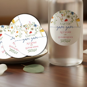 Pegatina Redonda Regalo de Zam Zam con letra floral en acuarela