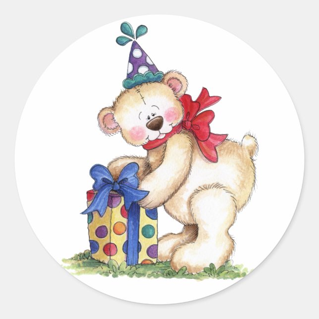 Pegatina Redonda Regalo del oso de cumpleaños (Anverso)