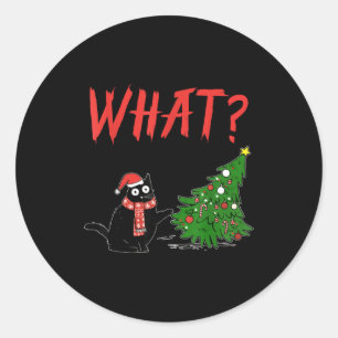Pegatina Redonda Regalo divertido de gato negro empujando el árbol