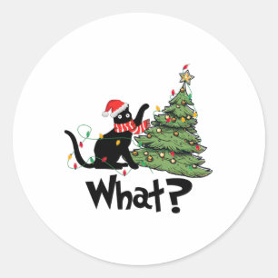 Pegatina Redonda Regalo divertido de gato negro empujando el árbol 